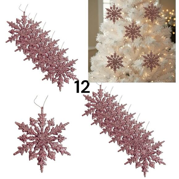 Pink Glitter Snowflake Ornaments 12 (6.5 in) Hanging Decor Pink Christmas - Picture 1 of 6